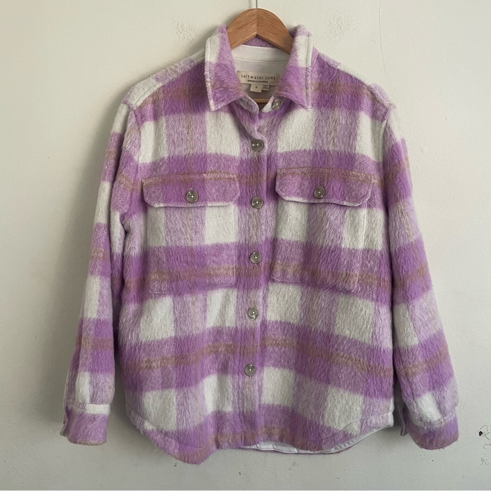 Saltwater Luxe Purple White Plaid Button-Up Shacket Size S Fall Warm Pockets